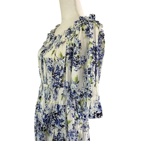 Soft Surroundings Rosana Linen Blend Floral Maxi Dress Size L Blue Tiered NWT - Picture 5 of 8